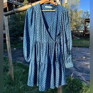 Christy Dawn The Liana Dress Indigo Petunia Dot Blue Floral Wrap Mini Sz XS